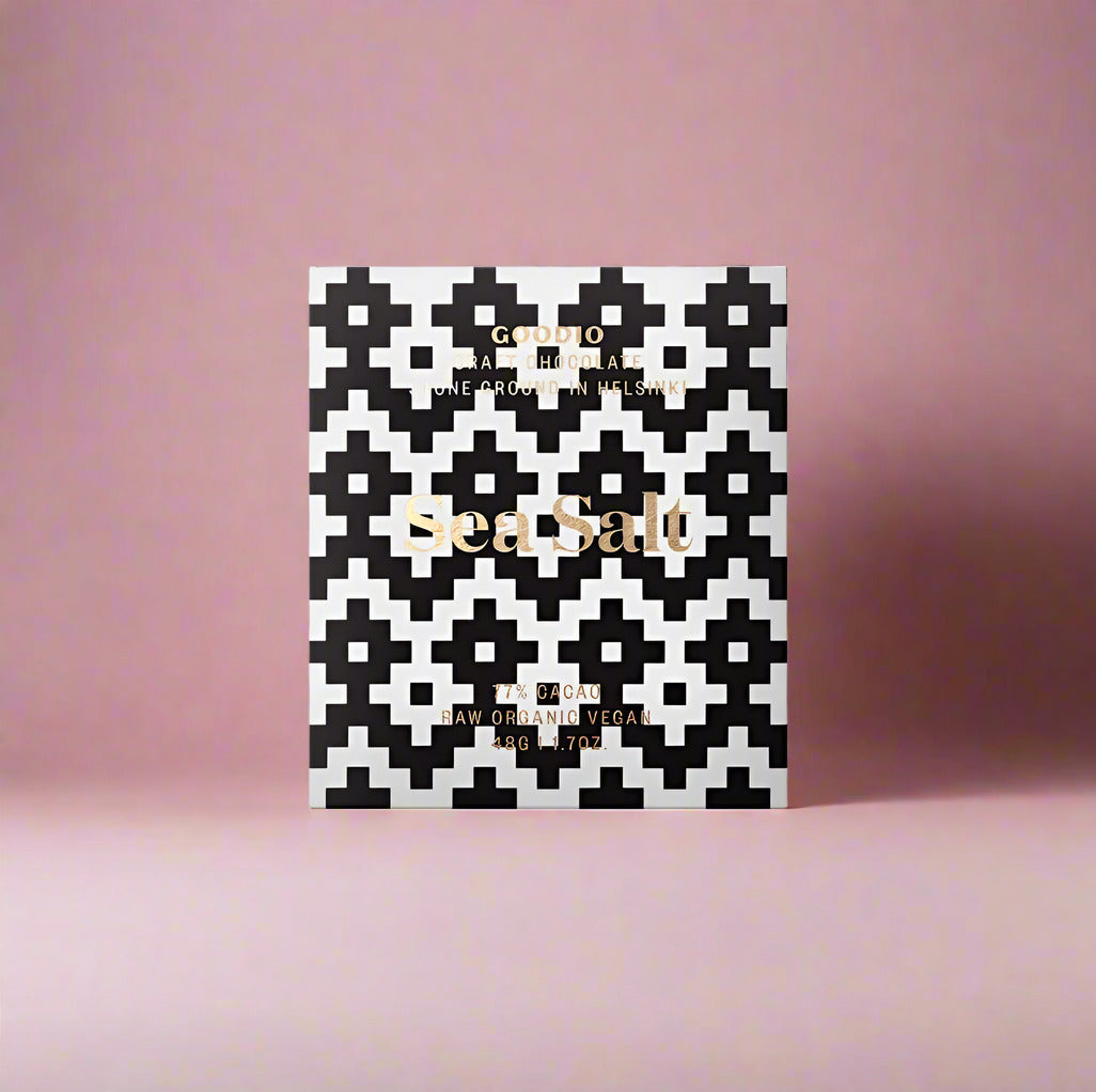 Sea Salt packaging with black and white pattern on a white background