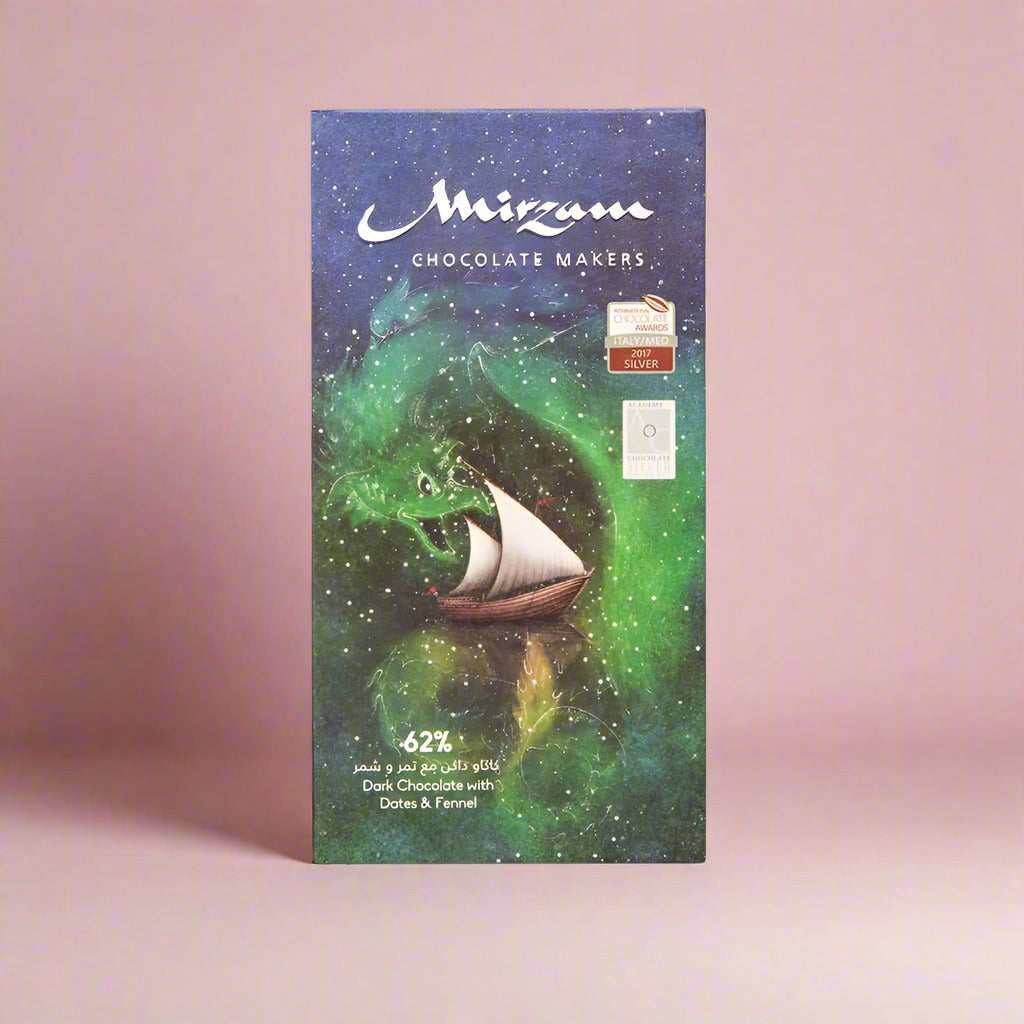 Mirzam chocolate bar packaging with space-themed design on a white background