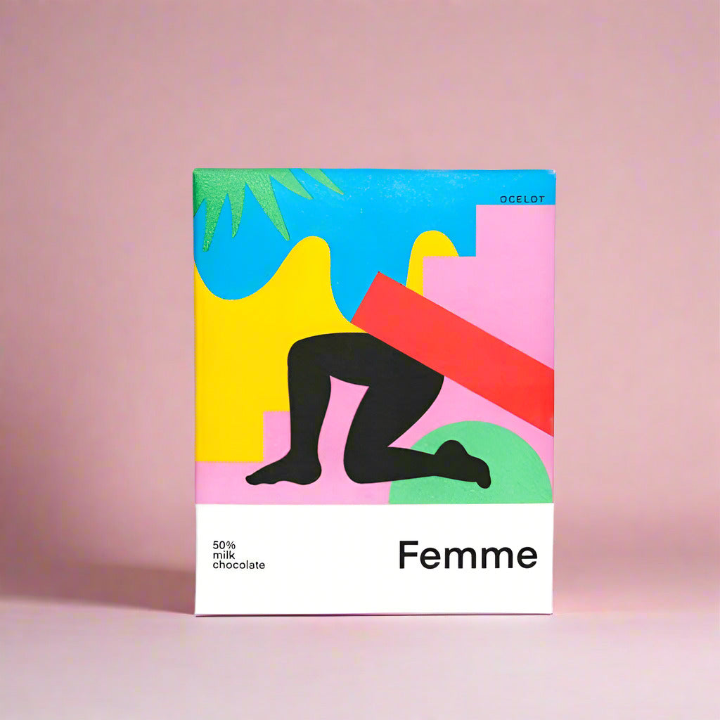 Colorful packaging with abstract design and 'Femme' text on a white background