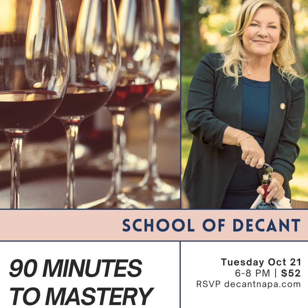 Advertisement for a wine tasting workshop with glasses and a woman, featuring text about the event.