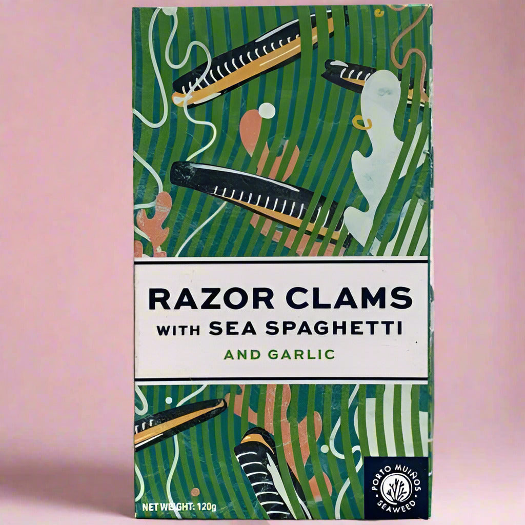 Packaging of razor clams with sea spaghetti and garlic on a textured gray background