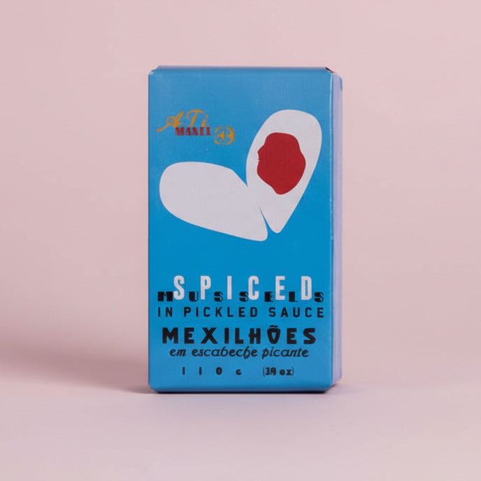 Spiced mussels in pickled sauce packaging with blue label and tin of mussels.