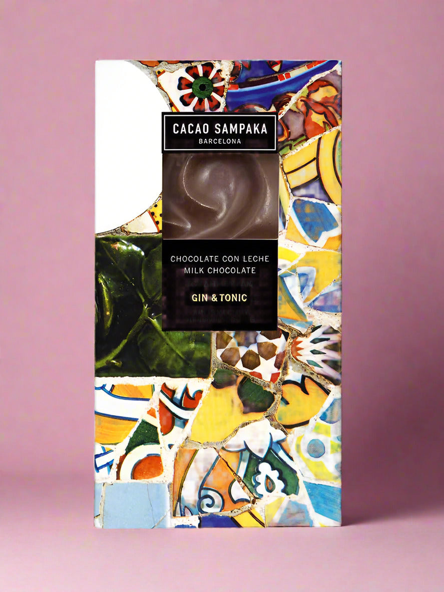 Cacao Sampaka chocolate bar with colorful packaging on a white background