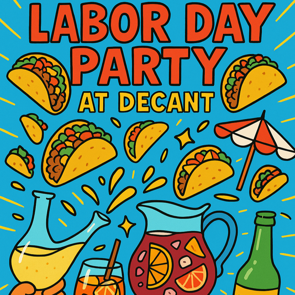 Labor Day party invitation with tacos, drinks, and beach elements on a blue background