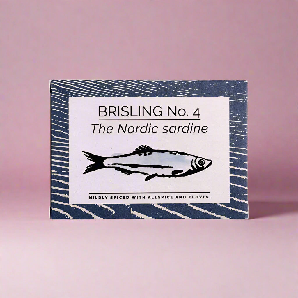 Packaging of Brisling No. 4 The Nordic sardine with a fish illustration on a white background.