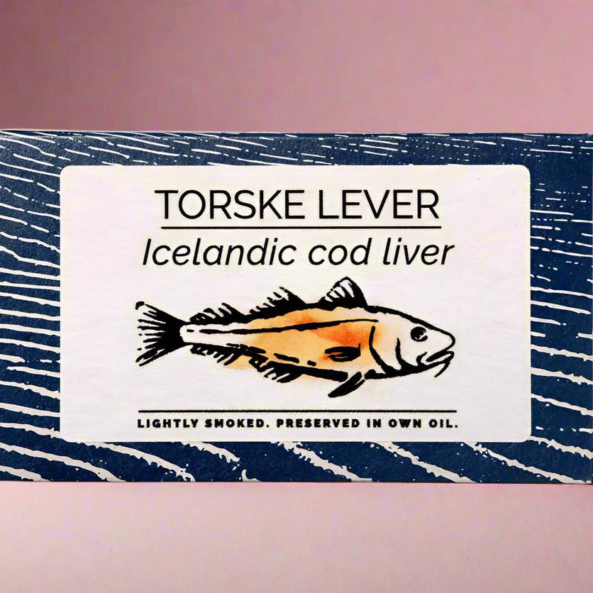 Packaging of Torske Lever Icelandic cod liver with a fish illustration on a white background.
