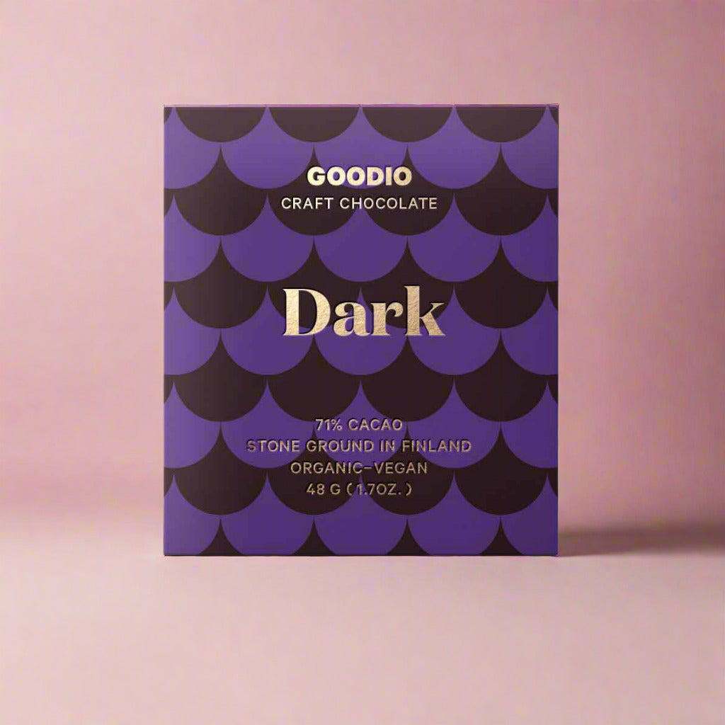 Goodio craft chocolate bar packaging with purple and black design on a white background