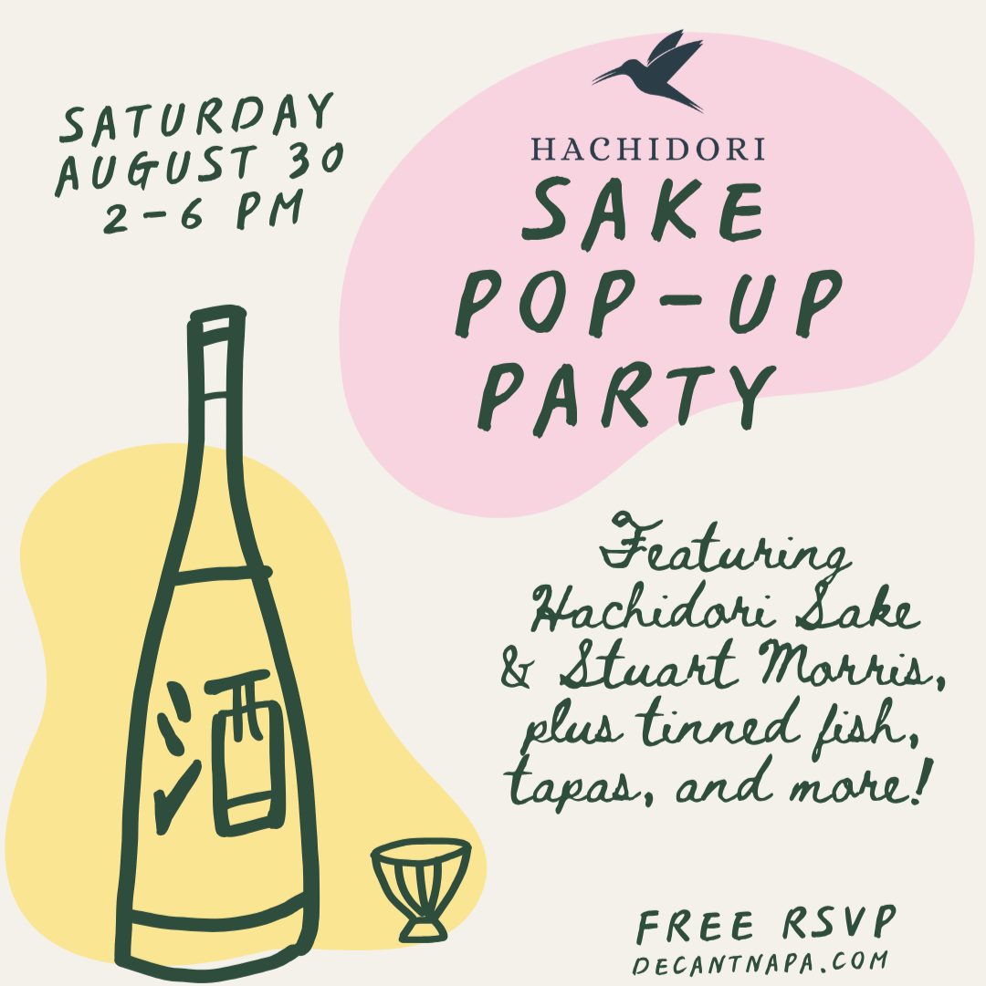 Promotional flyer for Hachidori Sake Pop-Up Party at Decant Bottle Shop & Bar.