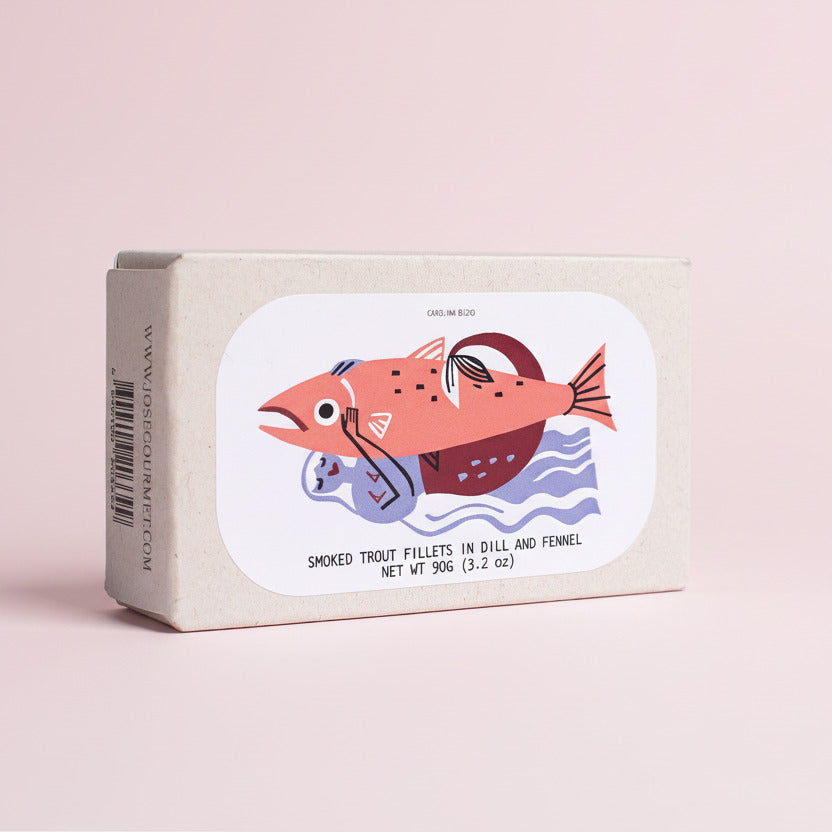 Box of smoked trout fillets  in dill and fennel with a fish illustration on a white background