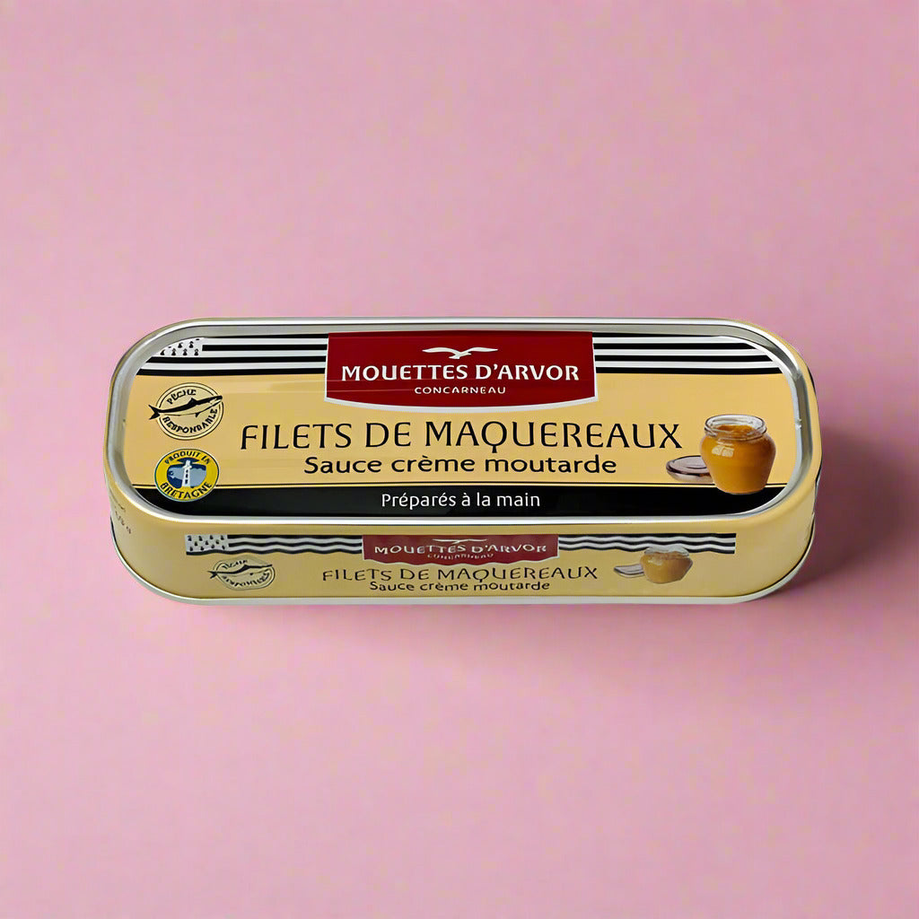 Can of Mouettes d'Arvor filets de maquereaux with mustard cream sauce on a white background
