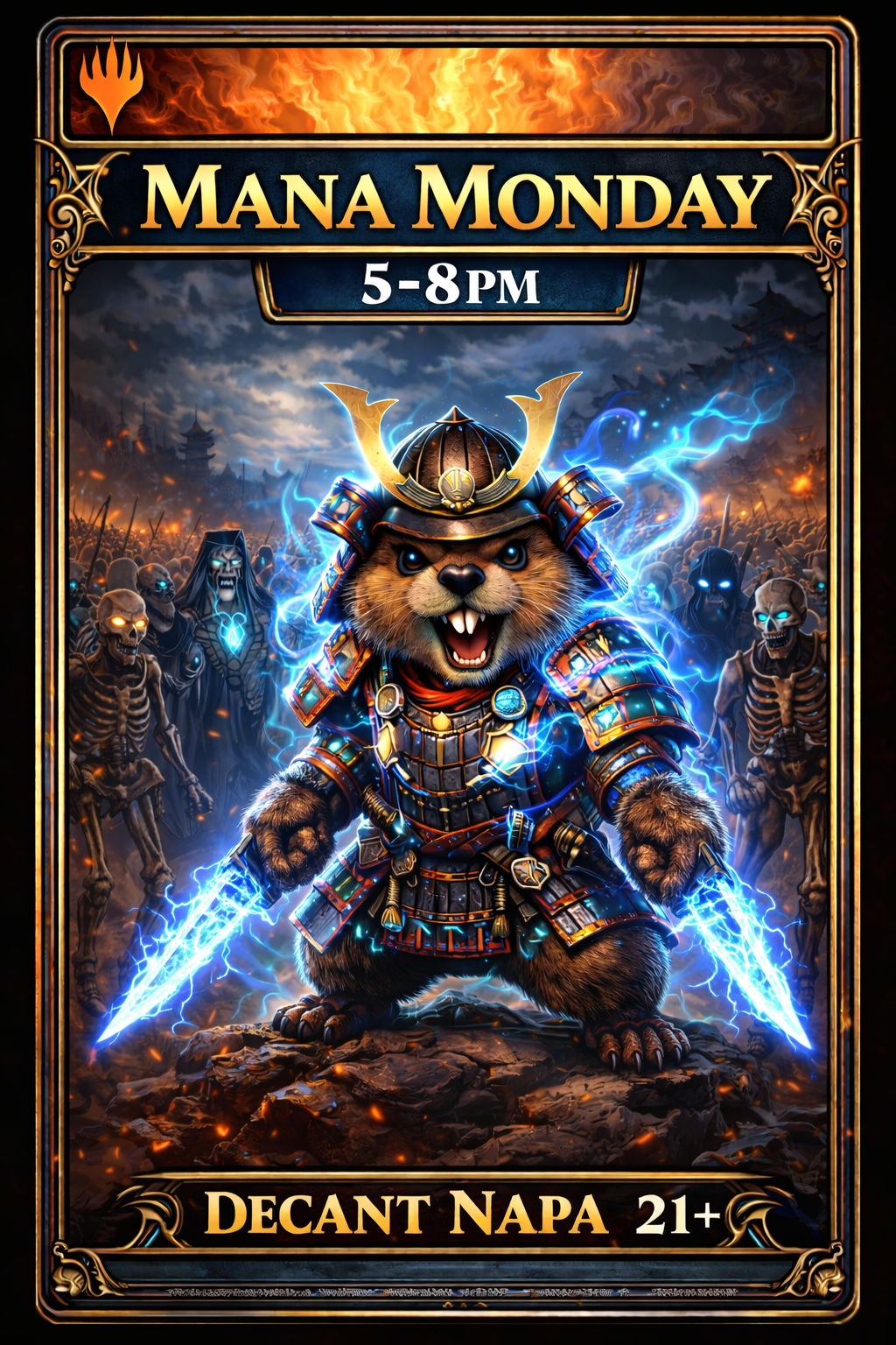 ManA Monday event poster with a bear in armor and glowing blue energy, set against a dark fantasy background.