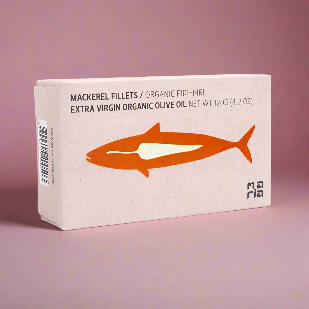 Box of mackerel fillets with an orange fish illustration on a beige background