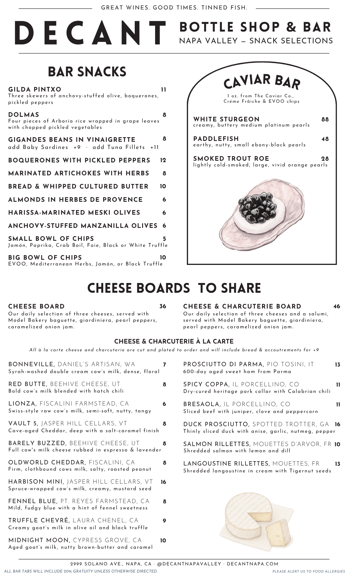 Menu from a bottle shop and bar in Napa Valley featuring snacks, caviar, and cheese boards.