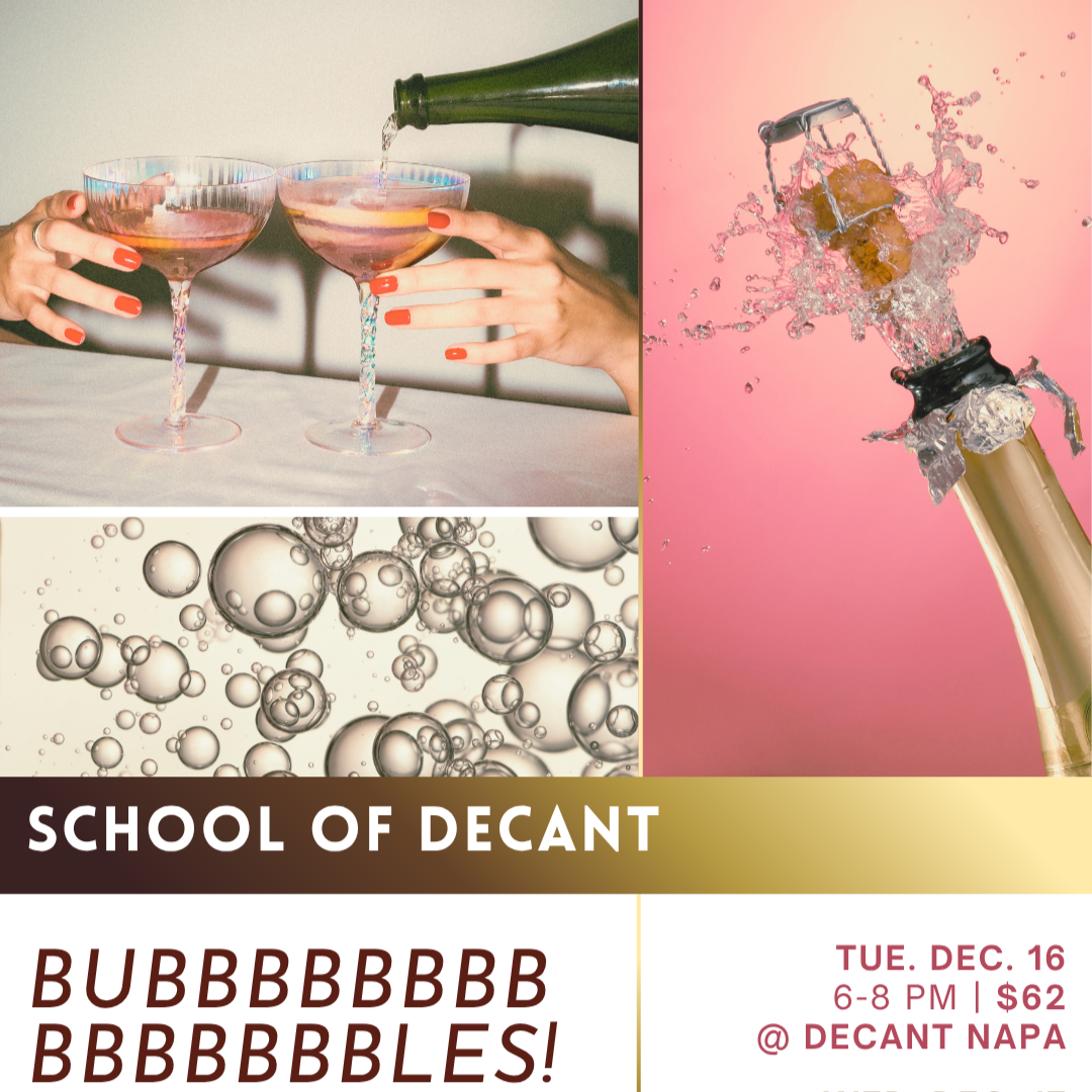 Promotional flyer for 'School of Decant' event featuring sparkling wine and bottle cap illustration.