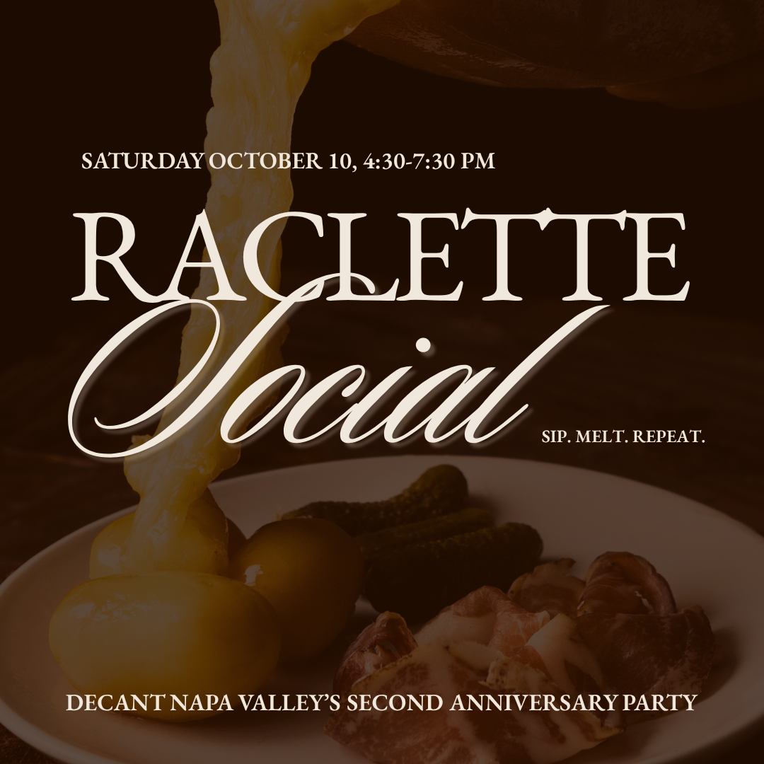Promotional event poster for 'Raclette Social' featuring a dramatic close-up of melted cheese being poured over raclette chips and cured meats on a plate, set against a dark brown background with white text detailing the event date and featured cheese brands.
