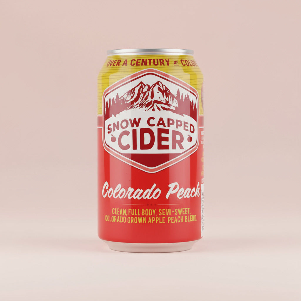 Can of Snow Capped Cider Colorado Peach on a white background
