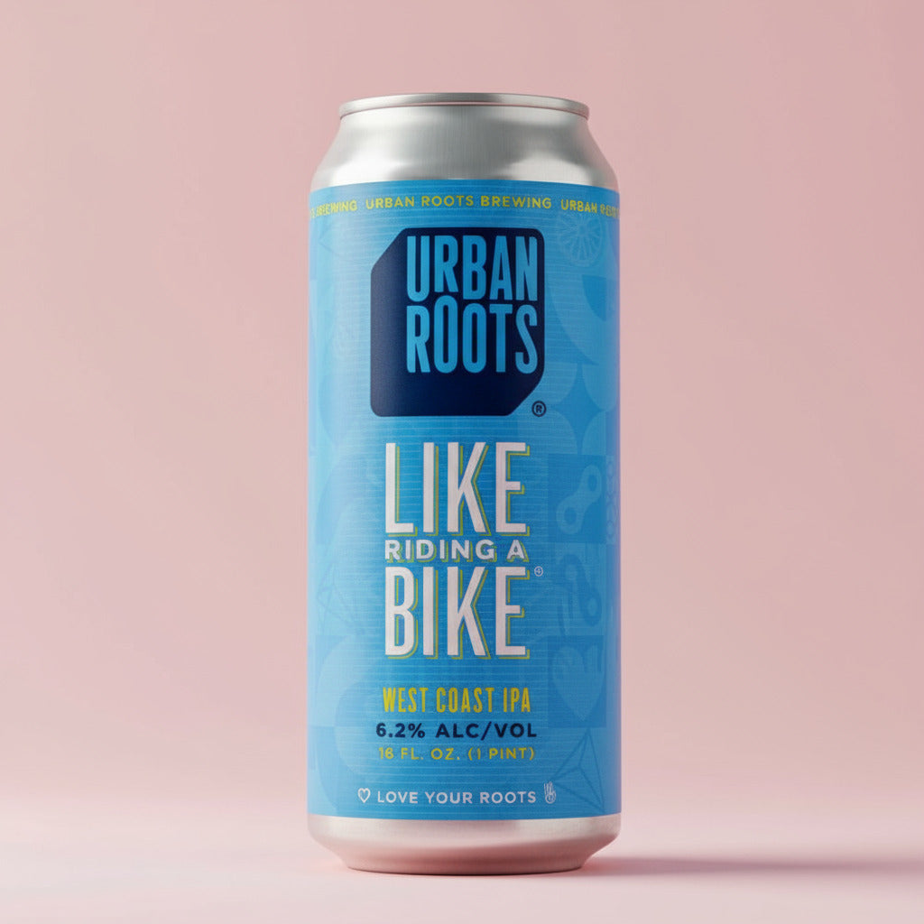 Blue can of Urban Roots Like Riding a Bike IPA with a blurred background