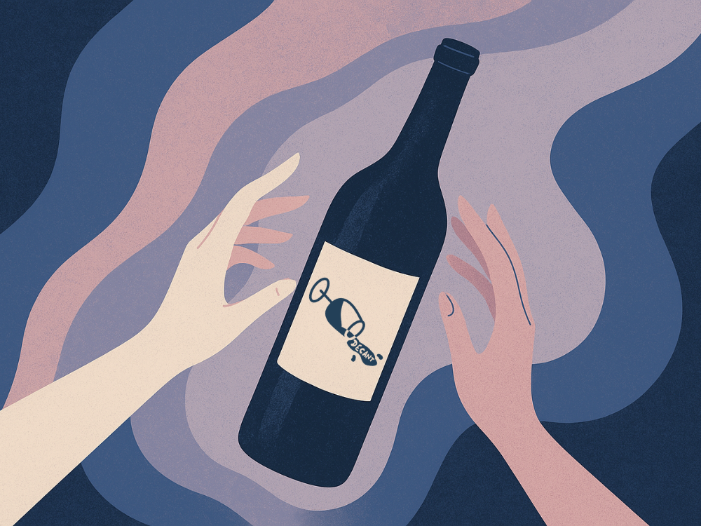 Illustration of a wine bottle with a label held by two hands against a stylized background.