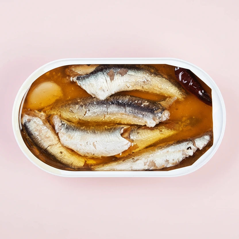 Tin of sardines in basque sauce on a white background