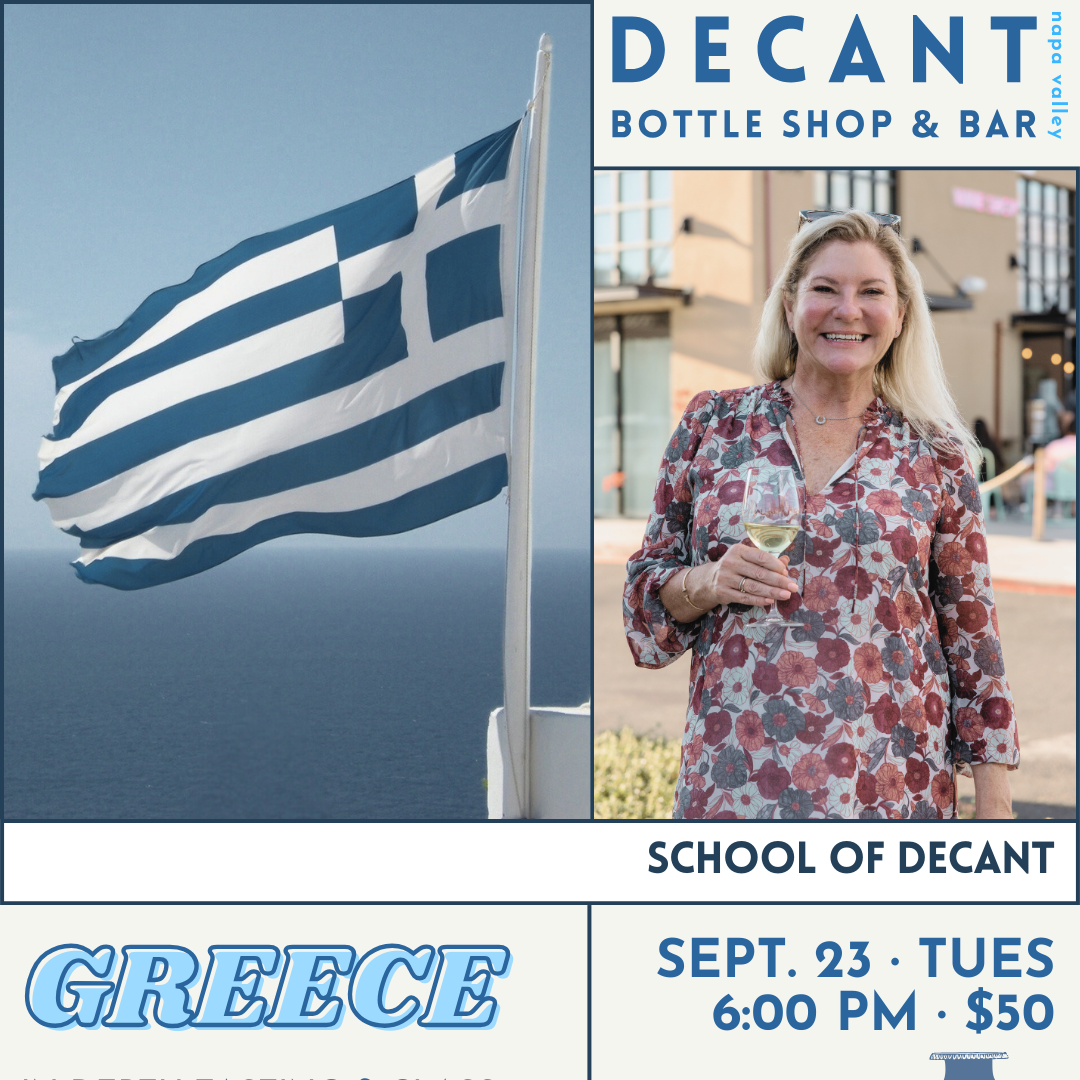 Promotional flyer for a Greek-themed event at Decant Bottle Shop & Bar with a woman holding a glass of wine.