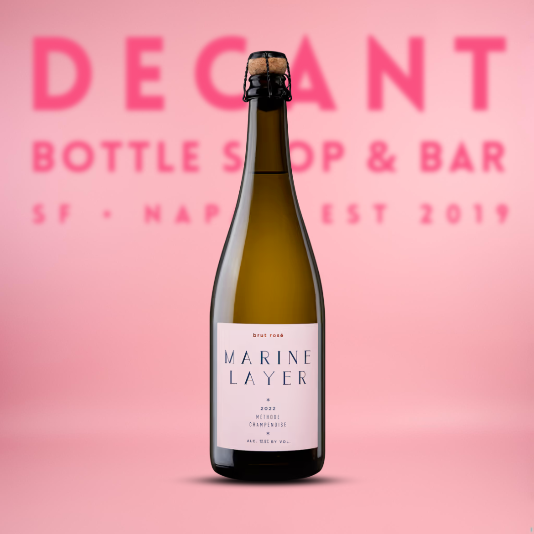 Bottle of Marine Layer wine with a pink background and 'Decant' branding.